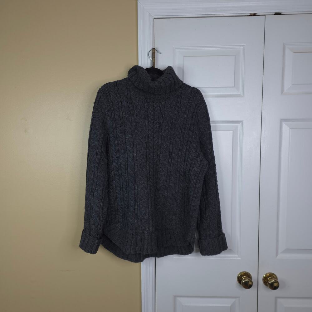 Duluth Trading Cable Knit Fisherman Turtleneck Sweater in Gray Wool Blend Size L